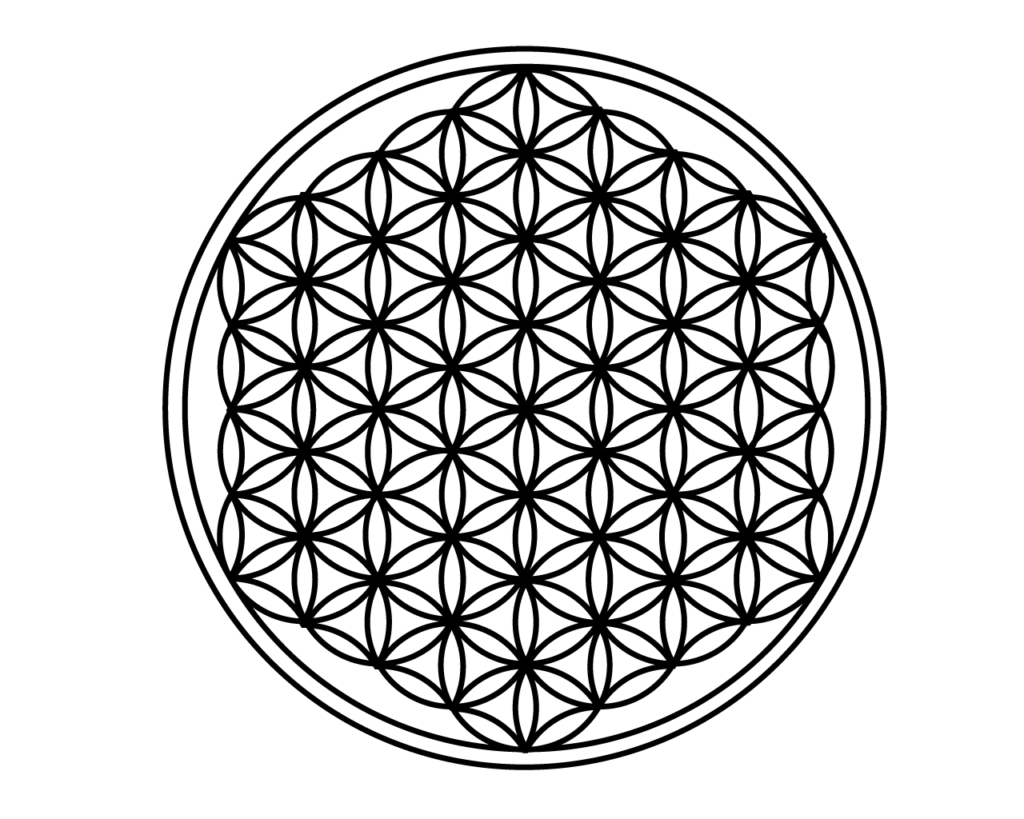 フラワー・オブ・ライフは、神聖幾何学に基づく古代のシンボルで、宇宙の調和や生命の相互関連性を表します。この幾何学的パターンは、複数の重なり合った円から構成され、通常は19の円が中心の1つの円の周りに配置された形で、合計で61の円からなります。