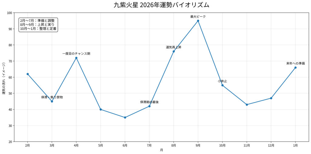 九紫火星の2026年バイオリズムを運勢グラフ