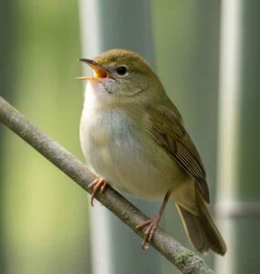ウグイスは体長14〜16cmほどの小鳥で、全体は落ち着いた緑褐色。見た目は地味ですが、春に響く美しいさえずりで一気に主役になります。